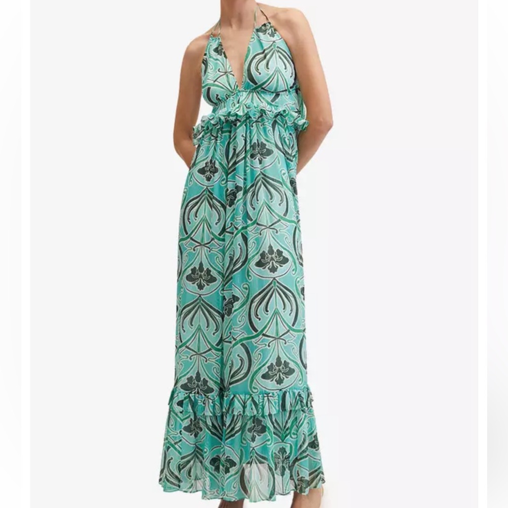 Mango Mimi Green Open Back Backless Halter Maxi Dress NWOT